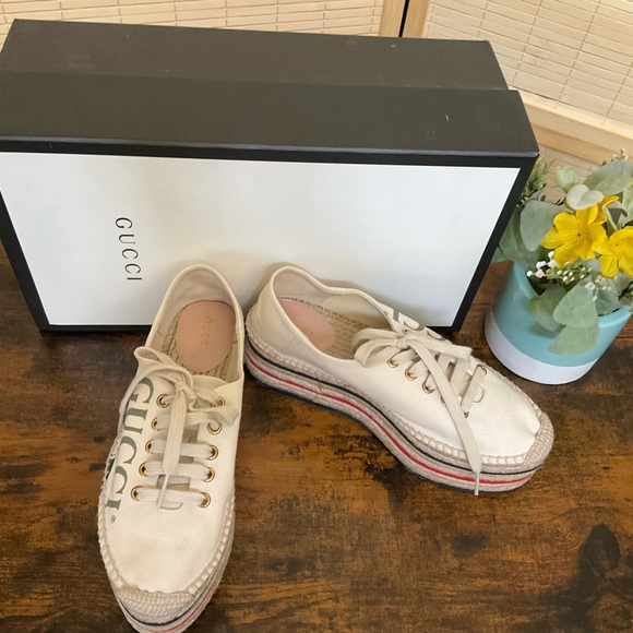 GUCCI 
Canvas Logo Lace-Up Platform Espadrilles 36 Greggio Grege - Picture 2 of 15